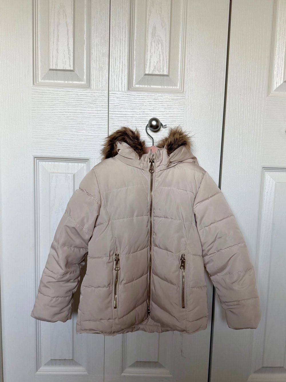 Zara Kids Pale Blush Hooded Puffer Coat with Faux Fur Trim